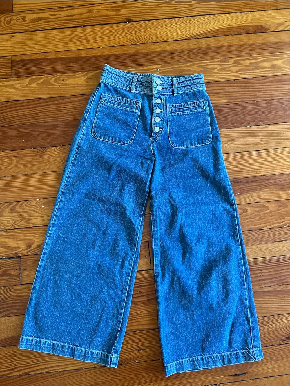 We The Free Button-Front Wide-Leg Jeans in Blue
